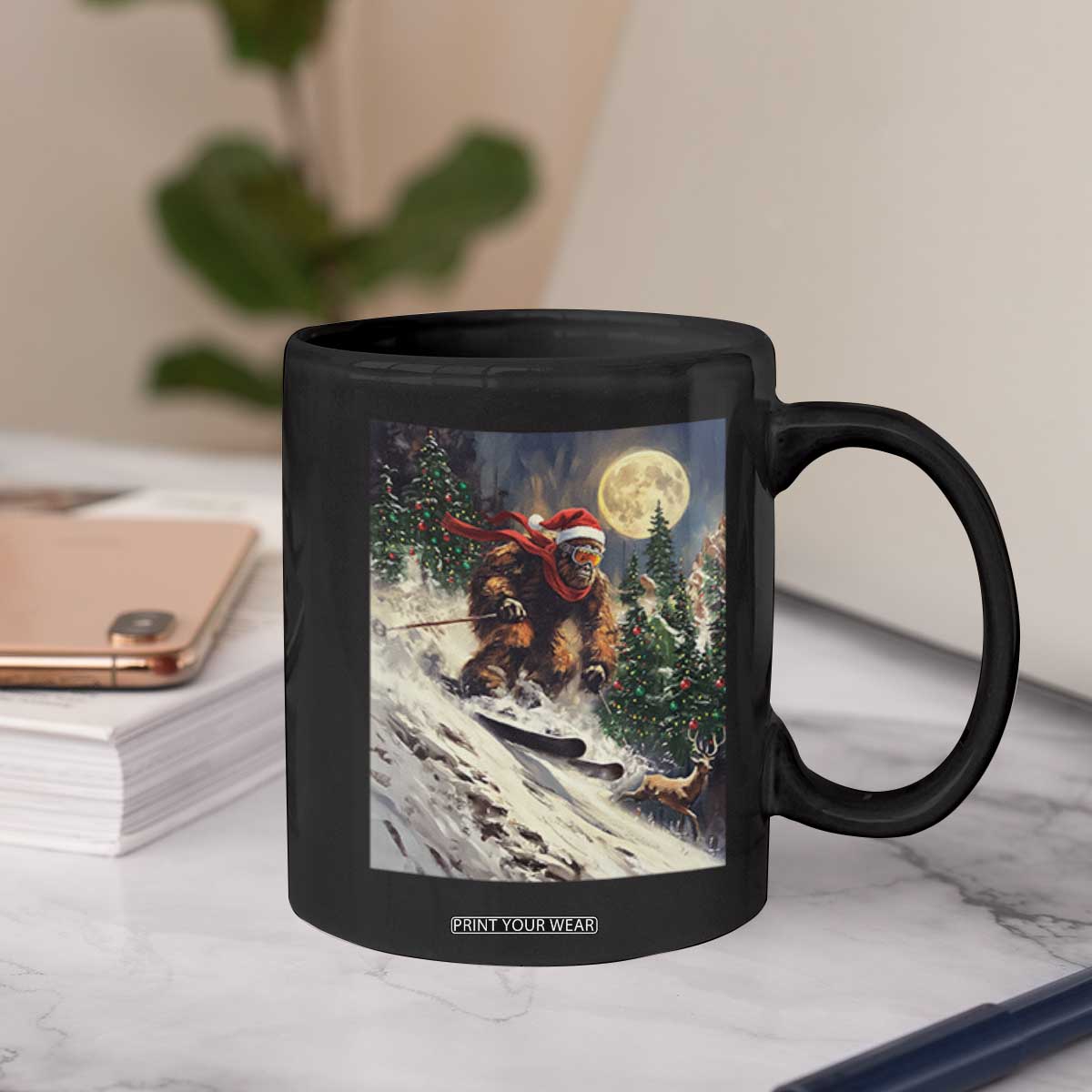 Christmas Bigfoot Skiing Coffee Mug Funny Santa Sasquatch Snowboard Ski Lover Skier TS10 Print Your Wear