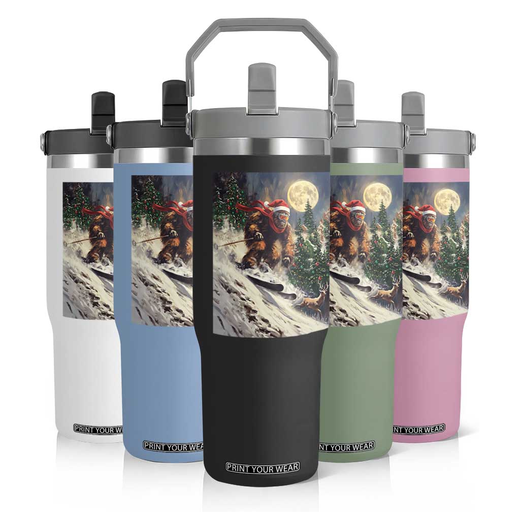 Christmas Bigfoot Skiing Flip Straw Tumbler Funny Santa Sasquatch Snowboard Ski Lover Skier TS10 Print Your Wear