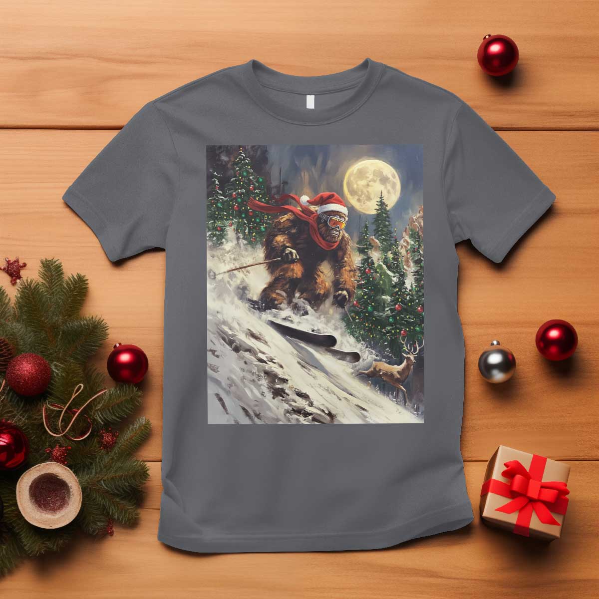 Christmas Bigfoot Skiing T Shirt Funny Santa Sasquatch Snowboard Ski Lover Skier TS10 Charcoal Print Your Wear