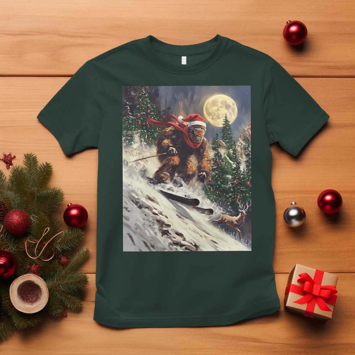 Christmas Bigfoot Skiing T Shirt Funny Santa Sasquatch Snowboard Ski Lover Skier TS10 Dark Forest Green Print Your Wear