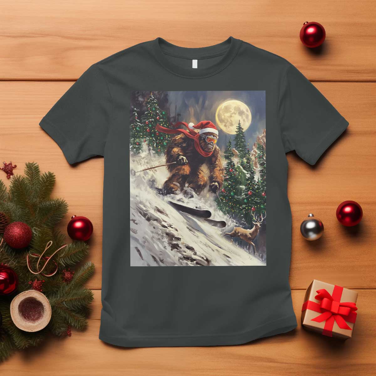 Christmas Bigfoot Skiing T Shirt Funny Santa Sasquatch Snowboard Ski Lover Skier TS10 Dark Heather Print Your Wear