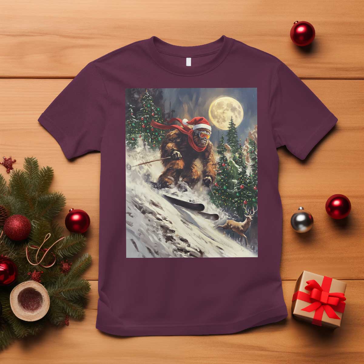 Christmas Bigfoot Skiing T Shirt Funny Santa Sasquatch Snowboard Ski Lover Skier TS10 Maroon Print Your Wear