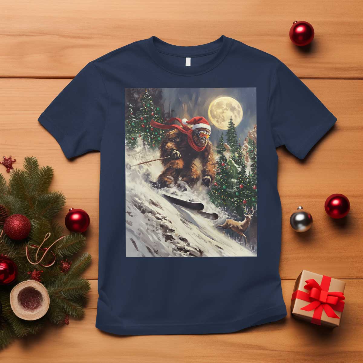 Christmas Bigfoot Skiing T Shirt Funny Santa Sasquatch Snowboard Ski Lover Skier TS10 Navy Print Your Wear