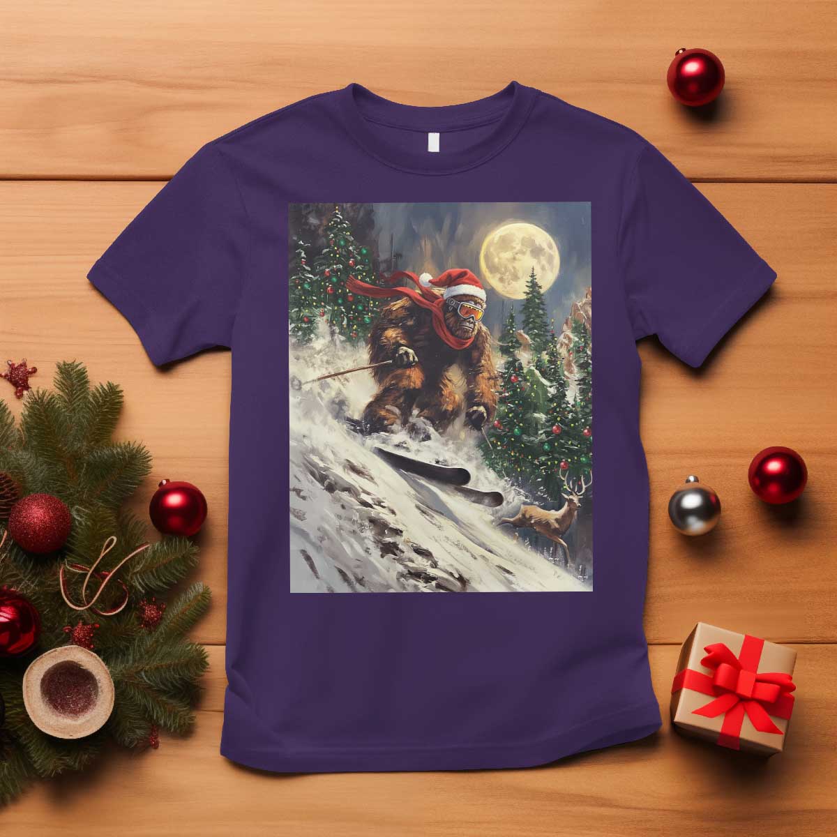 Christmas Bigfoot Skiing T Shirt Funny Santa Sasquatch Snowboard Ski Lover Skier TS10 Purple Print Your Wear