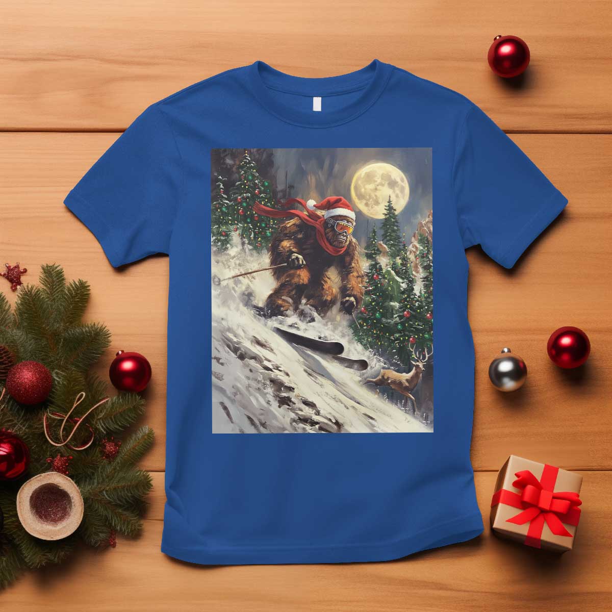 Christmas Bigfoot Skiing T Shirt Funny Santa Sasquatch Snowboard Ski Lover Skier TS10 Royal Blue Print Your Wear