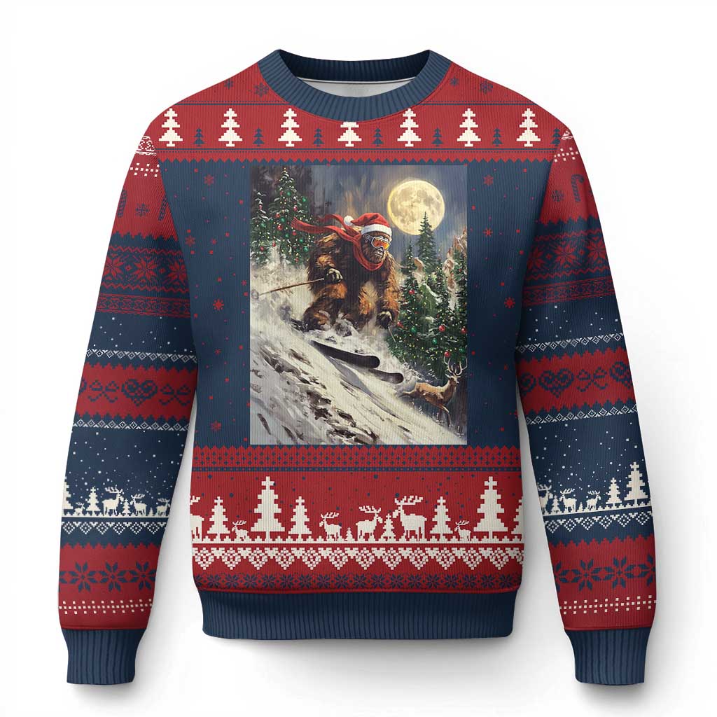Xmas Bigfoot Skiing Ugly Christmas Sweater Funny Santa Sasquatch Snowboard Ski Lover Skier TS10 Navy Red Print Your Wear