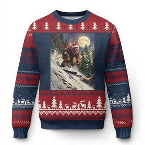 Xmas Bigfoot Skiing Ugly Christmas Sweater Funny Santa Sasquatch Snowboard Ski Lover Skier TS10 Navy Red Print Your Wear