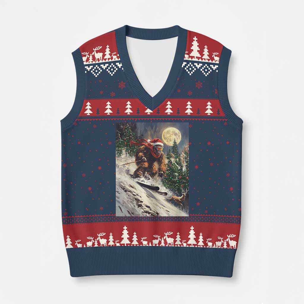 Xmas Bigfoot Skiing V-Neck Knit Sweater Vest Funny Santa Sasquatch Snowboard Ski Lover Skier TS10 Navy Red Print Your Wear