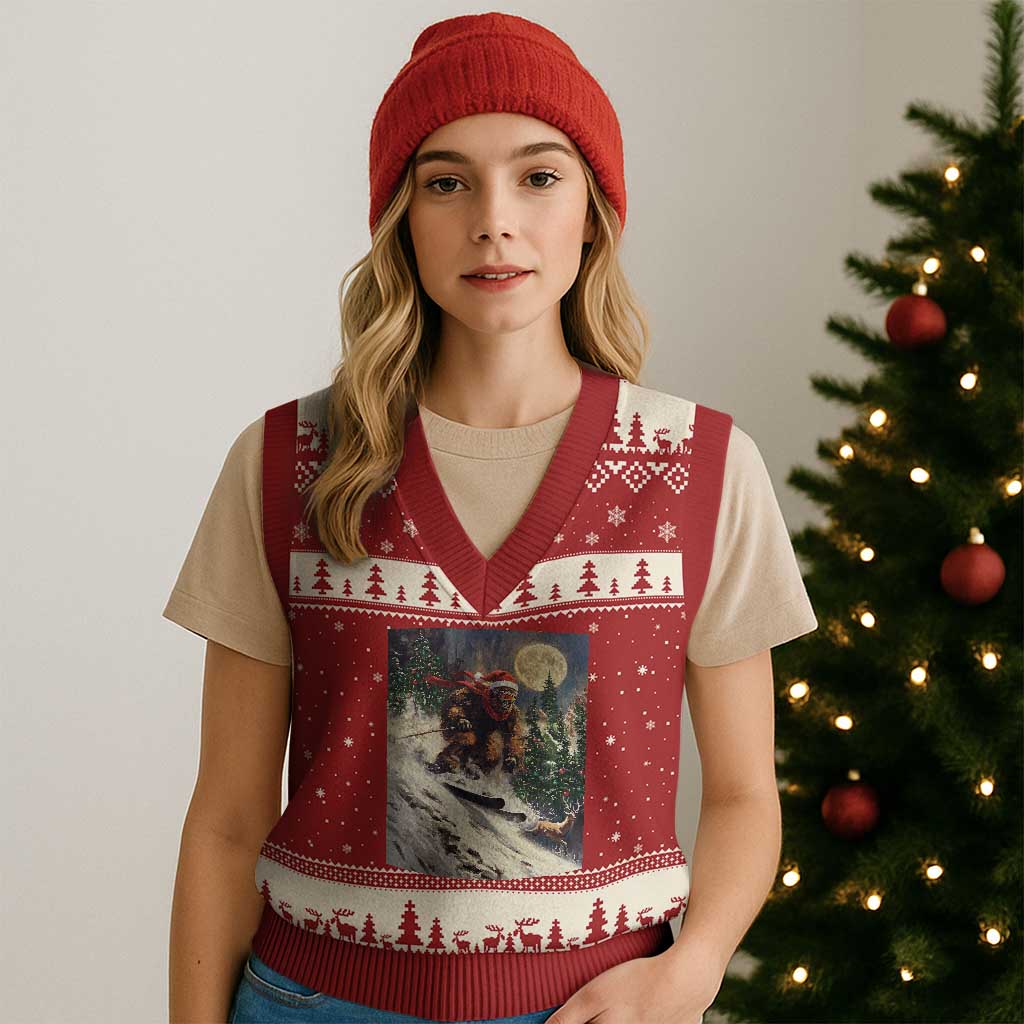Xmas Bigfoot Skiing V-Neck Knit Sweater Vest Funny Santa Sasquatch Snowboard Ski Lover Skier TS10 Red Beige Print Your Wear