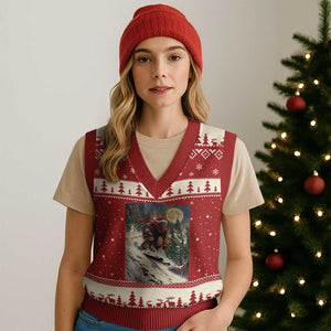Xmas Bigfoot Skiing V-Neck Knit Sweater Vest Funny Santa Sasquatch Snowboard Ski Lover Skier TS10 Red Beige Print Your Wear