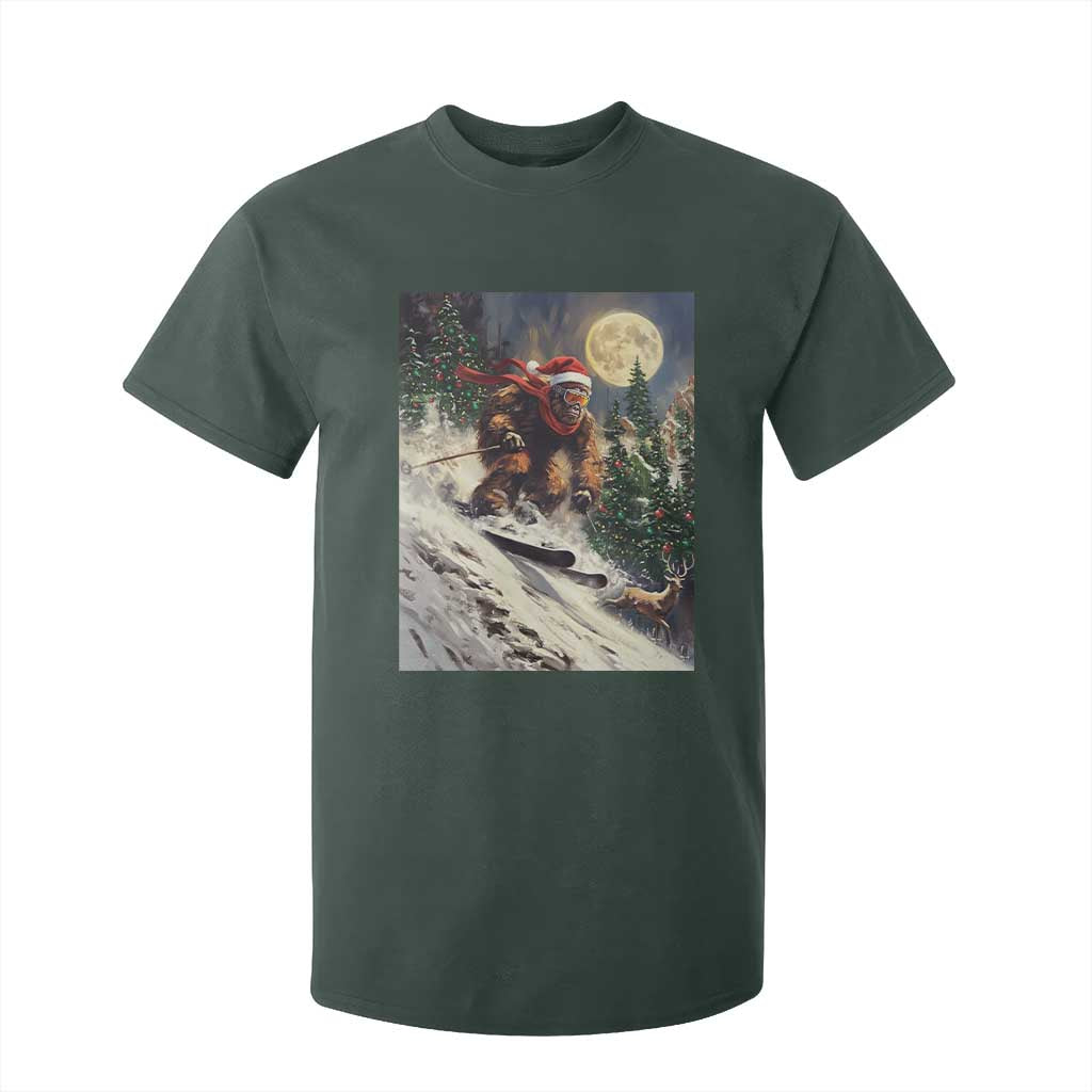 Christmas Bigfoot Skiing T Shirt For Kid Funny Santa Sasquatch Snowboard Ski Lover Skier TS10 Dark Forest Green Print Your Wear