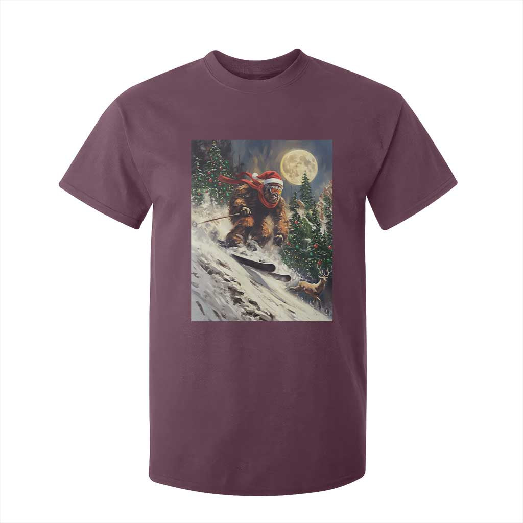 Christmas Bigfoot Skiing T Shirt For Kid Funny Santa Sasquatch Snowboard Ski Lover Skier TS10 Maroon Print Your Wear