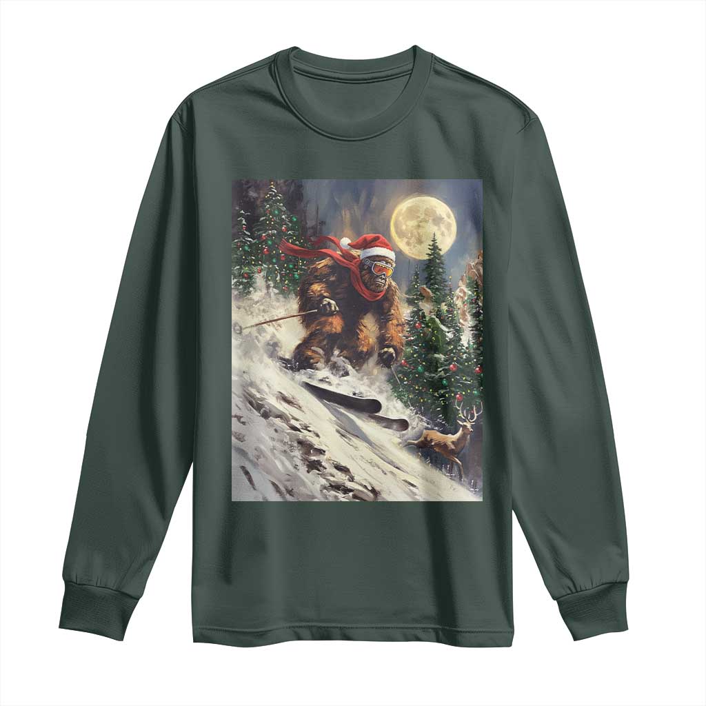 Christmas Bigfoot Skiing Long Sleeve Shirt Funny Santa Sasquatch Snowboard Ski Lover Skier TS10 Dark Forest Green Print Your Wear
