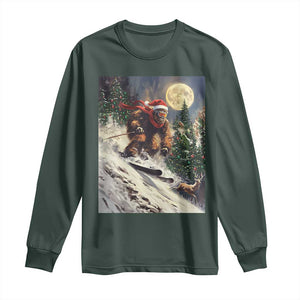 Christmas Bigfoot Skiing Long Sleeve Shirt Funny Santa Sasquatch Snowboard Ski Lover Skier TS10 Dark Forest Green Print Your Wear