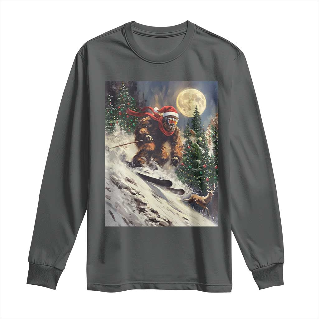 Christmas Bigfoot Skiing Long Sleeve Shirt Funny Santa Sasquatch Snowboard Ski Lover Skier TS10 Dark Heather Print Your Wear