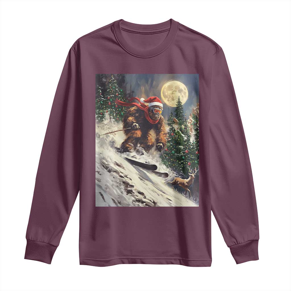 Christmas Bigfoot Skiing Long Sleeve Shirt Funny Santa Sasquatch Snowboard Ski Lover Skier TS10 Maroon Print Your Wear