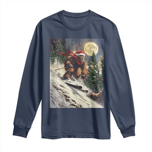 Christmas Bigfoot Skiing Long Sleeve Shirt Funny Santa Sasquatch Snowboard Ski Lover Skier TS10 Navy Print Your Wear