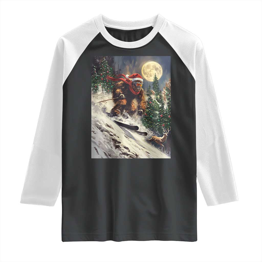 Christmas Bigfoot Skiing Raglan Shirt Funny Santa Sasquatch Snowboard Ski Lover Skier TS10 Black White Print Your Wear