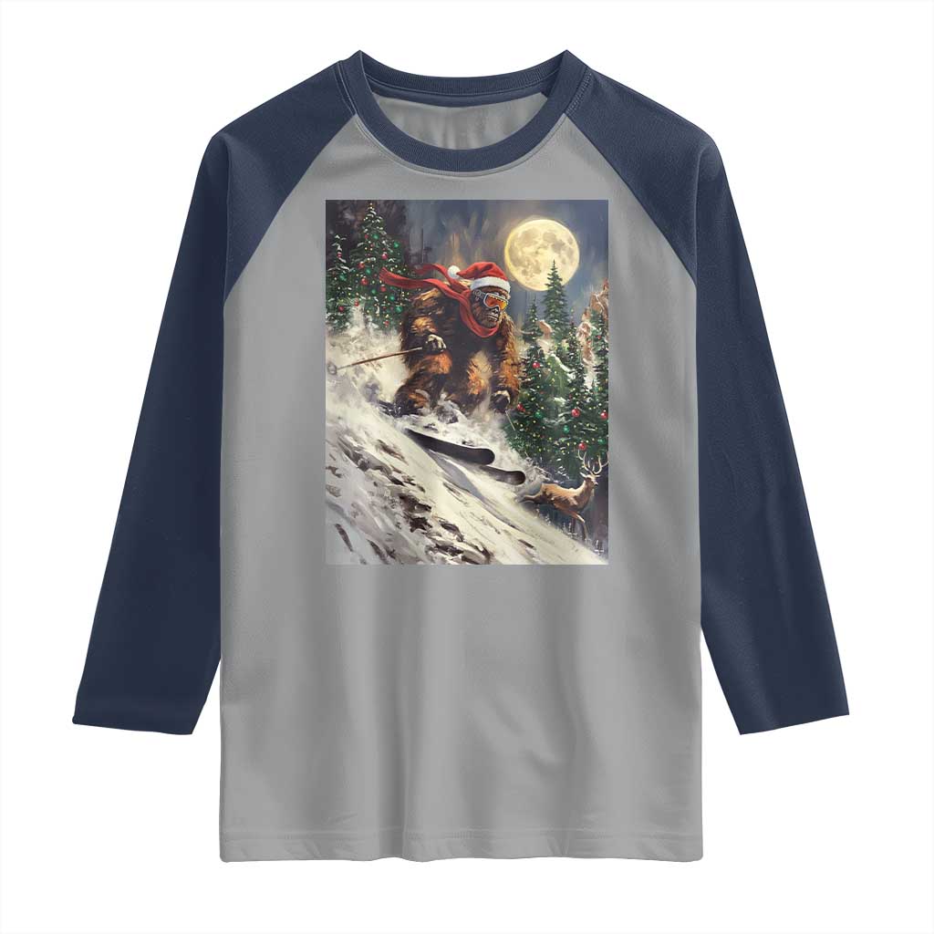 Christmas Bigfoot Skiing Raglan Shirt Funny Santa Sasquatch Snowboard Ski Lover Skier TS10 Sport Gray Navy Print Your Wear