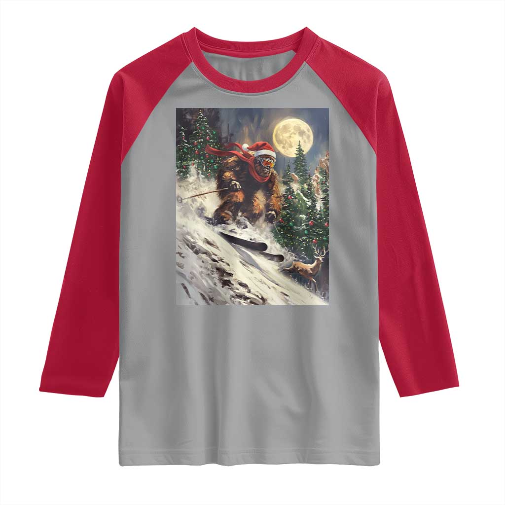Christmas Bigfoot Skiing Raglan Shirt Funny Santa Sasquatch Snowboard Ski Lover Skier TS10 Sport Gray Red Print Your Wear