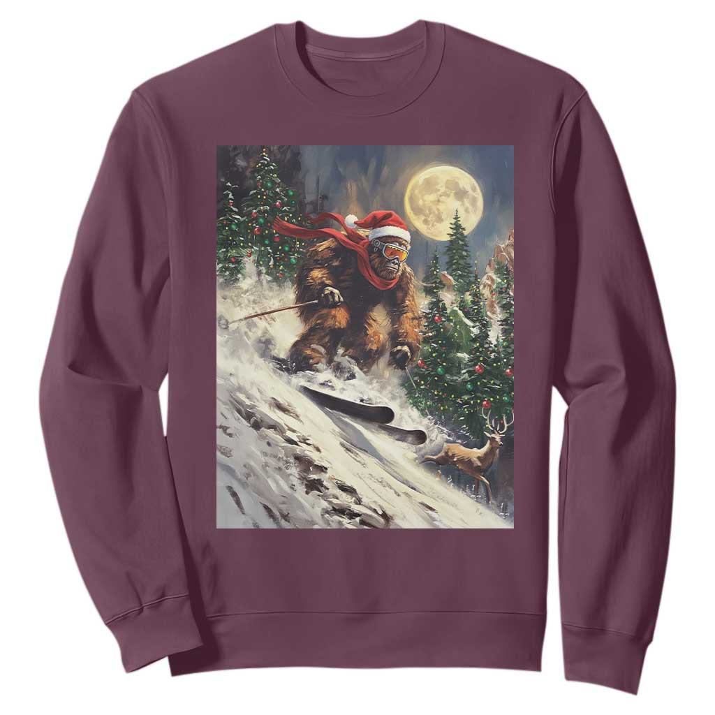 Christmas Bigfoot Skiing Sweatshirt Funny Santa Sasquatch Snowboard Ski Lover Skier TS10 Maroon Print Your Wear
