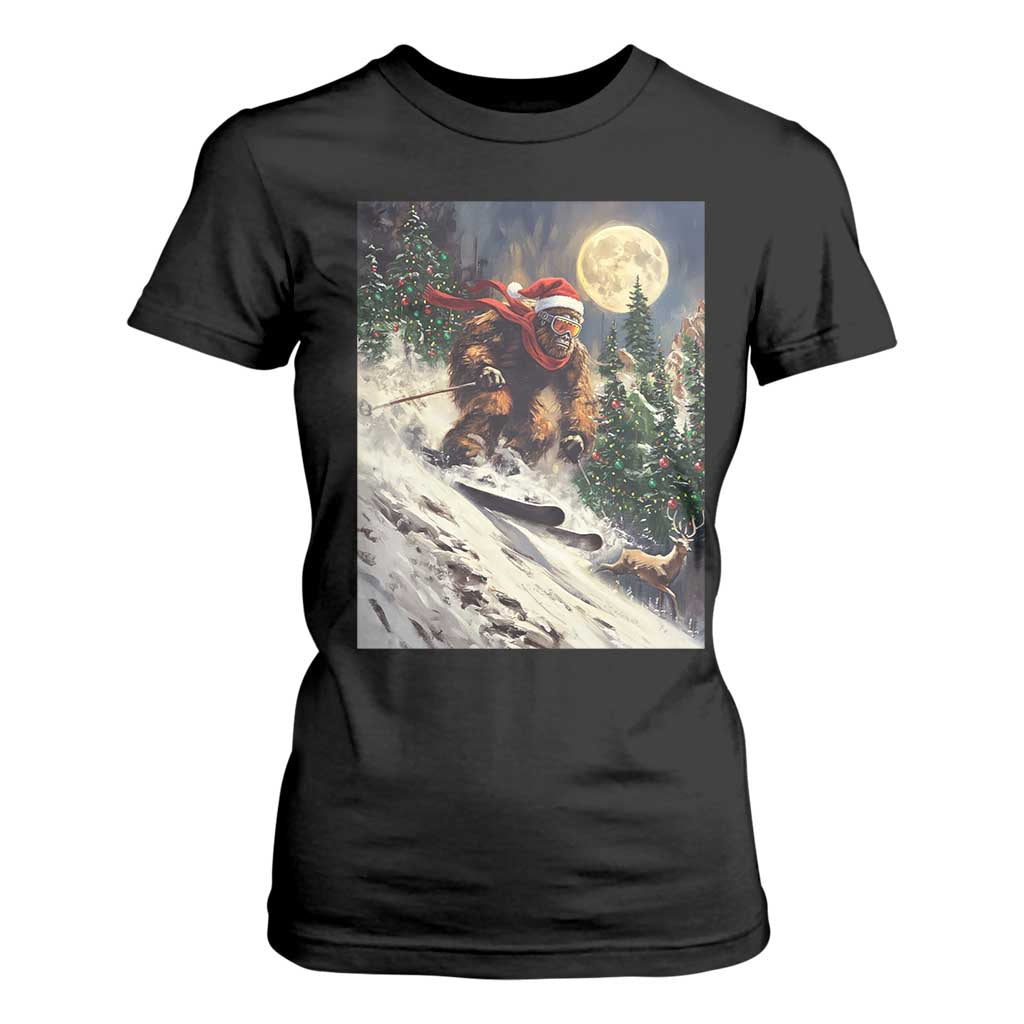 Christmas Bigfoot Skiing T Shirt For Women Funny Santa Sasquatch Snowboard Ski Lover Skier - Print Your Wear