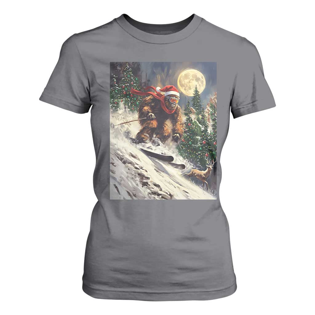 Christmas Bigfoot Skiing T Shirt For Women Funny Santa Sasquatch Snowboard Ski Lover Skier - Print Your Wear