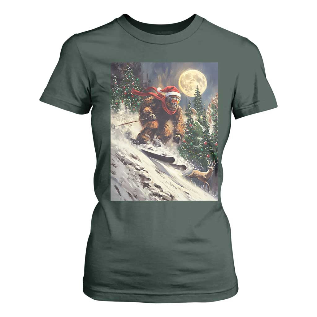 Christmas Bigfoot Skiing T Shirt For Women Funny Santa Sasquatch Snowboard Ski Lover Skier TS10 Dark Forest Green Print Your Wear