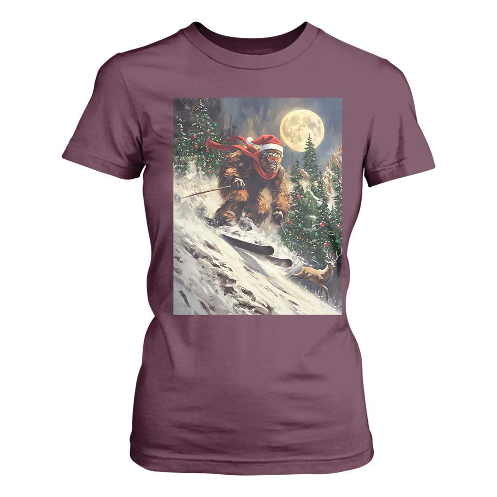 Christmas Bigfoot Skiing T Shirt For Women Funny Santa Sasquatch Snowboard Ski Lover Skier TS10 Maroon Print Your Wear