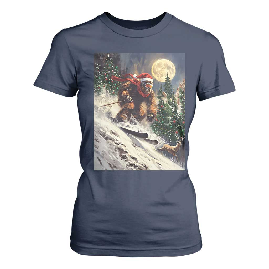 Christmas Bigfoot Skiing T Shirt For Women Funny Santa Sasquatch Snowboard Ski Lover Skier TS10 Navy Print Your Wear