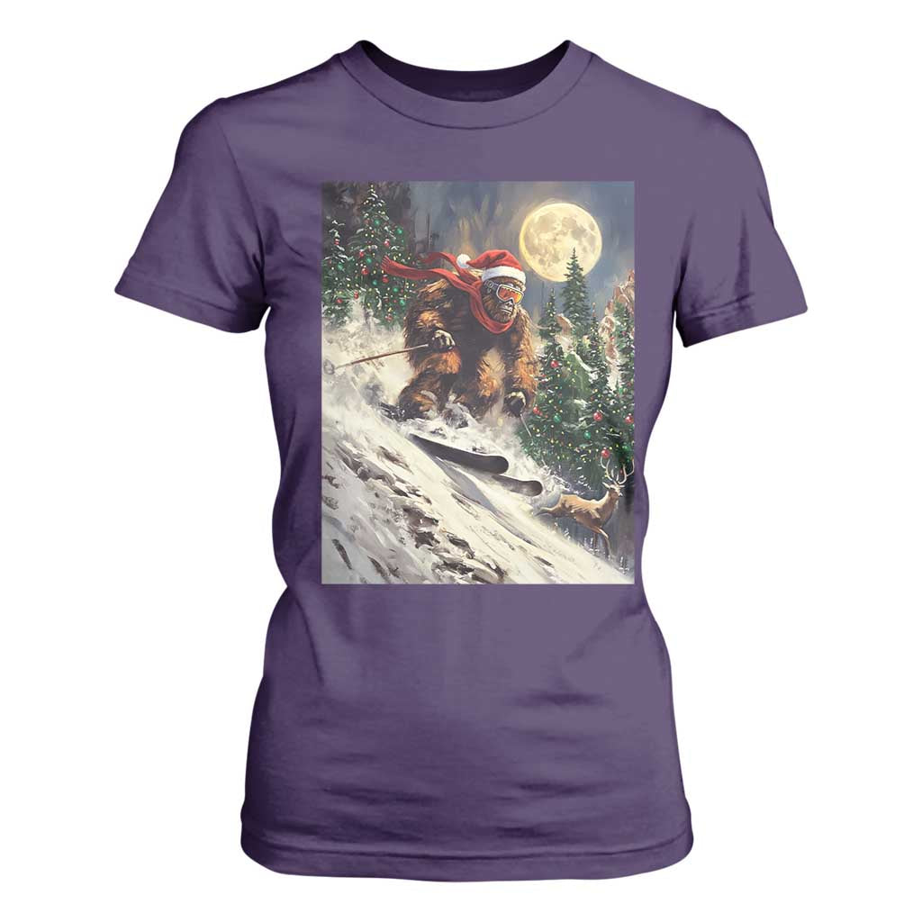 Christmas Bigfoot Skiing T Shirt For Women Funny Santa Sasquatch Snowboard Ski Lover Skier TS10 Purple Print Your Wear