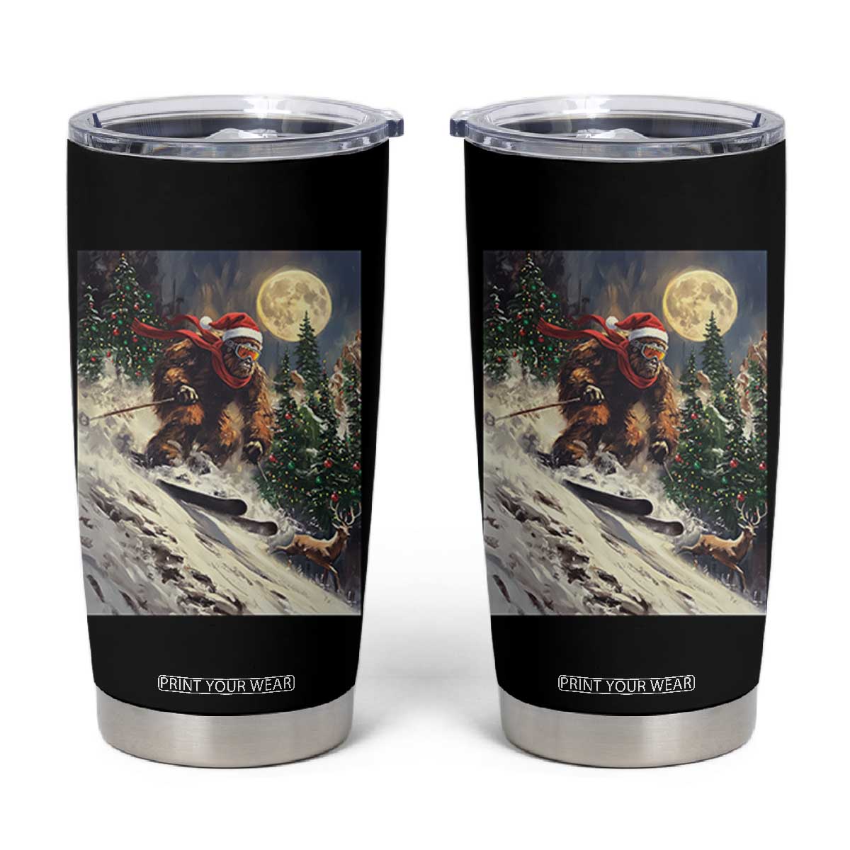 Christmas Bigfoot Skiing Tumbler Cup Funny Santa Sasquatch Snowboard Ski Lover Skier TS10 Black Print Your Wear