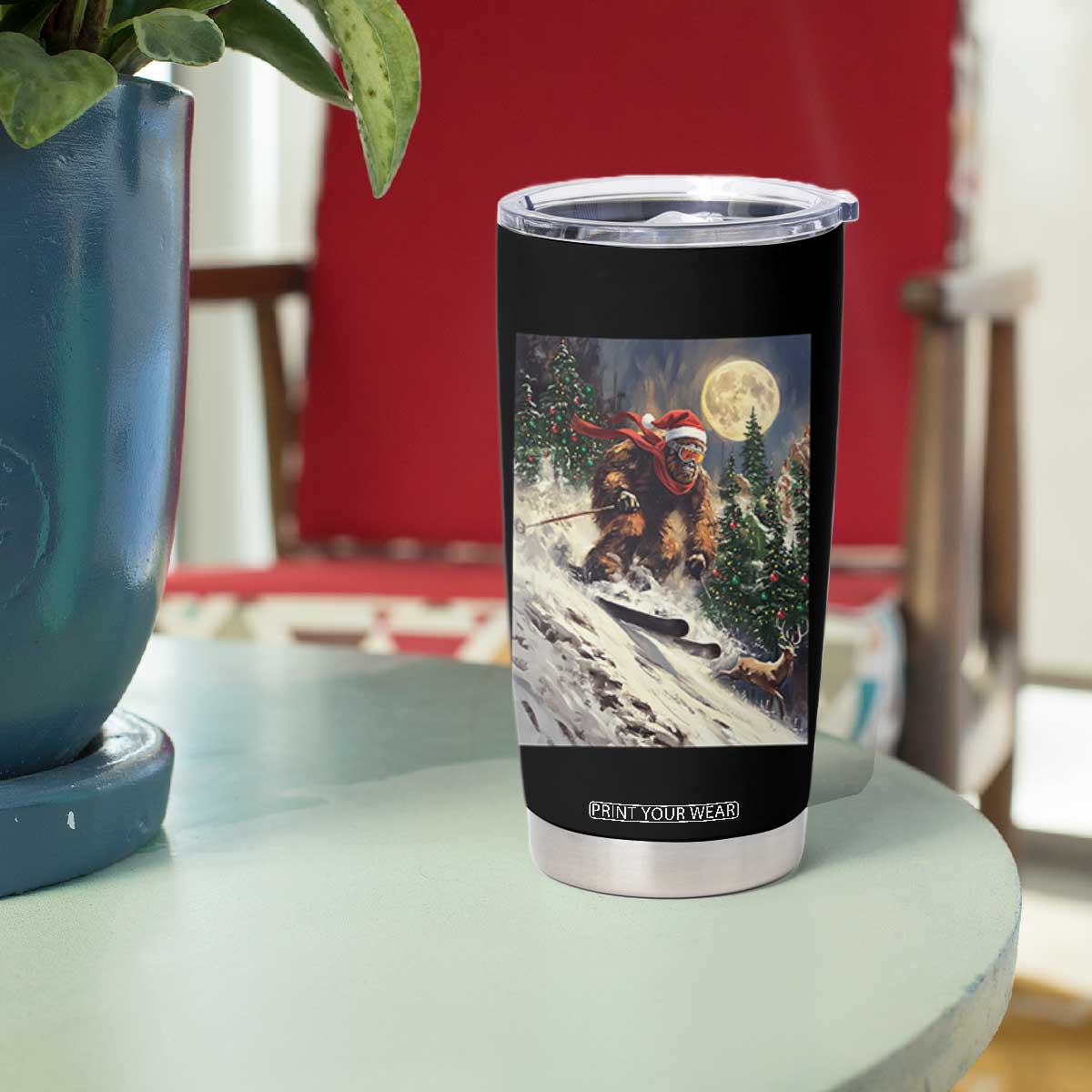 Christmas Bigfoot Skiing Tumbler Cup Funny Santa Sasquatch Snowboard Ski Lover Skier TS10 Print Your Wear