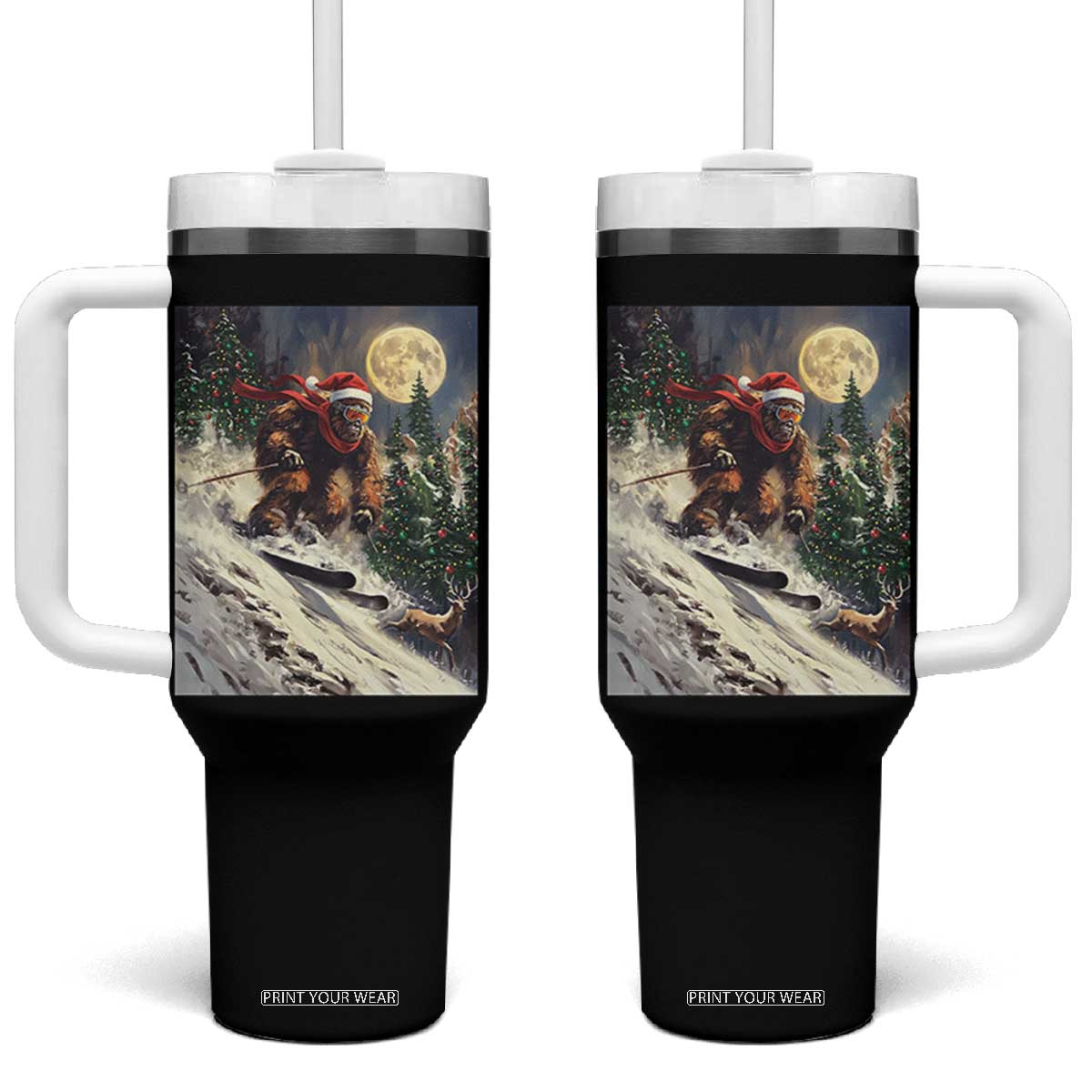 Christmas Bigfoot Skiing Tumbler With Handle Funny Santa Sasquatch Snowboard Ski Lover Skier TS10 One Size: 40 oz Black Print Your Wear