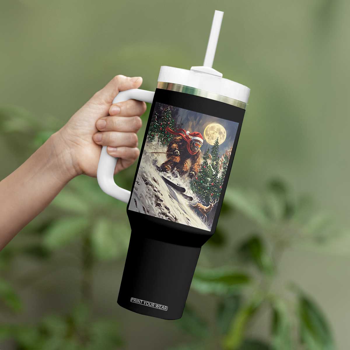 Christmas Bigfoot Skiing Tumbler With Handle Funny Santa Sasquatch Snowboard Ski Lover Skier TS10 Print Your Wear