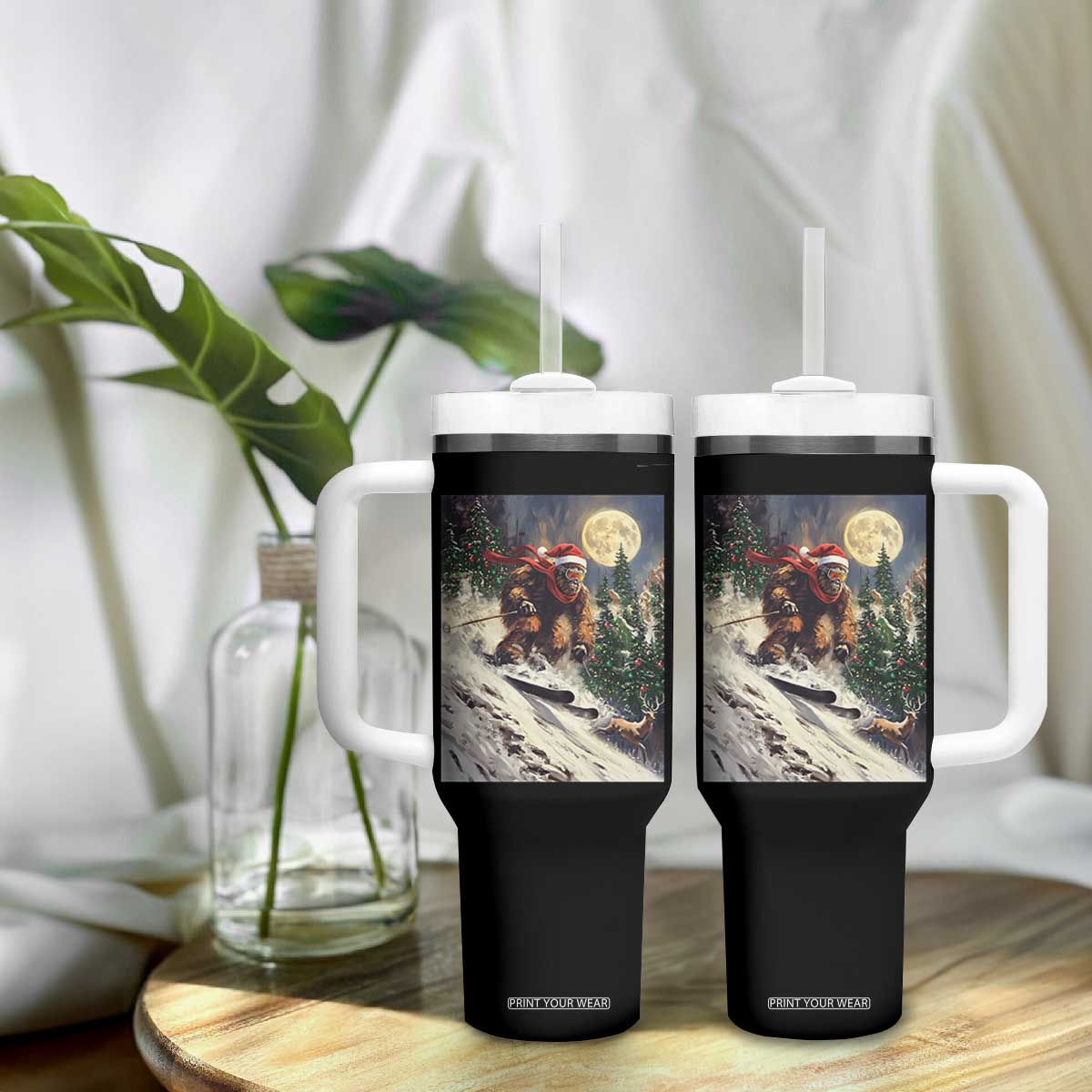 Christmas Bigfoot Skiing Tumbler With Handle Funny Santa Sasquatch Snowboard Ski Lover Skier TS10 Print Your Wear