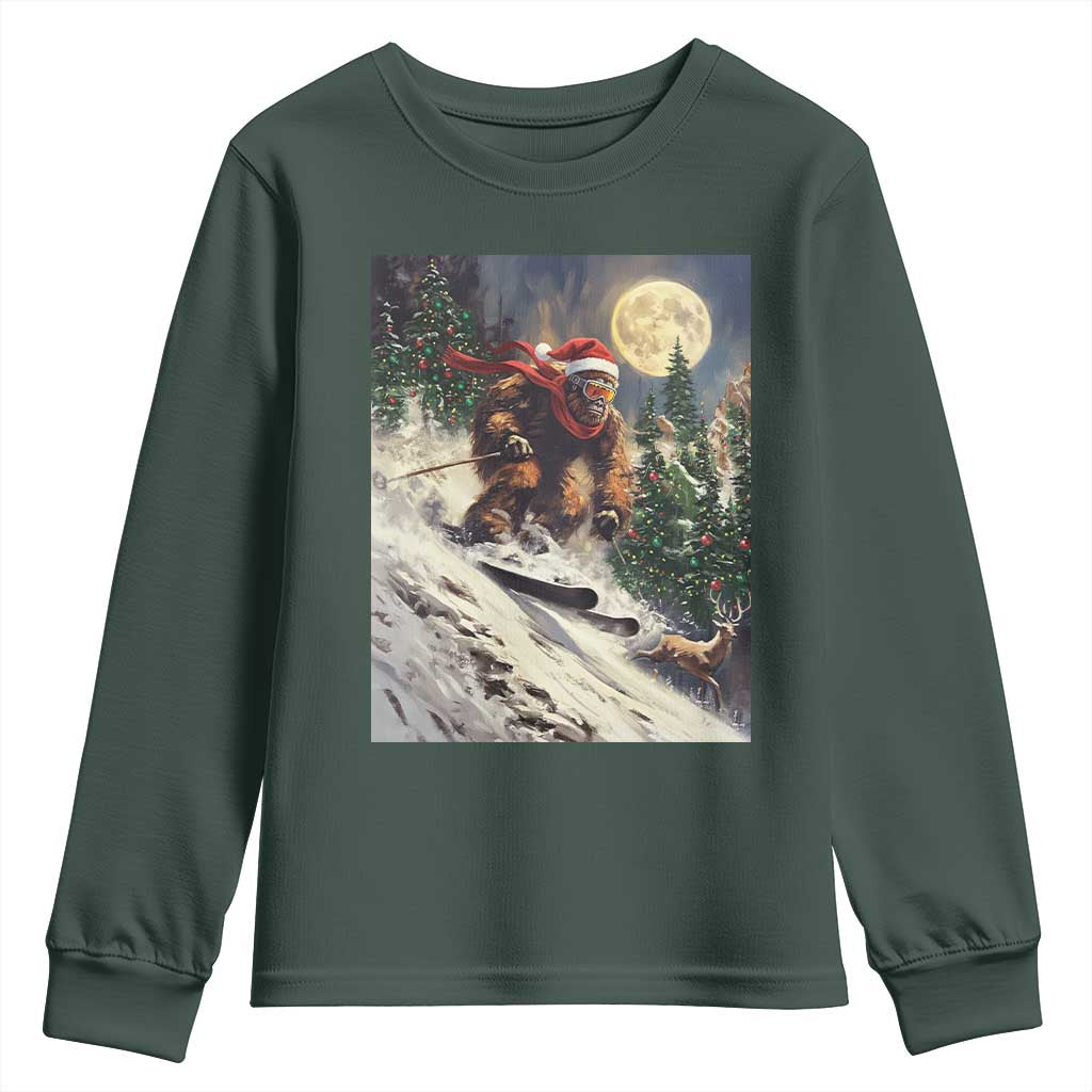 Christmas Bigfoot Skiing Youth Sweatshirt Funny Santa Sasquatch Snowboard Ski Lover Skier TS10 Dark Forest Green Print Your Wear