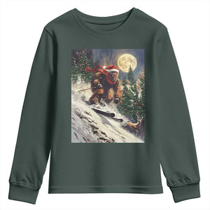 Christmas Bigfoot Skiing Youth Sweatshirt Funny Santa Sasquatch Snowboard Ski Lover Skier TS10 Dark Forest Green Print Your Wear