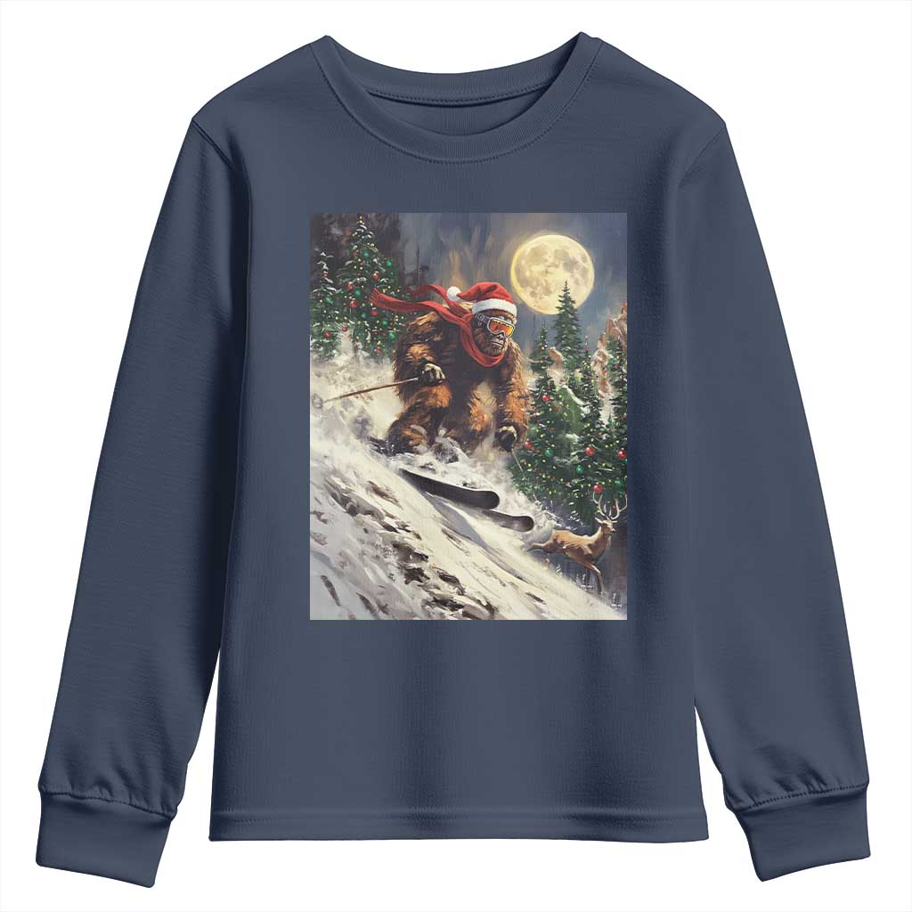 Christmas Bigfoot Skiing Youth Sweatshirt Funny Santa Sasquatch Snowboard Ski Lover Skier TS10 Navy Print Your Wear