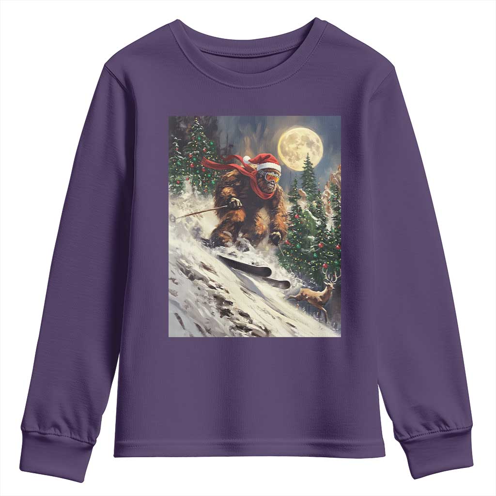 Christmas Bigfoot Skiing Youth Sweatshirt Funny Santa Sasquatch Snowboard Ski Lover Skier TS10 Purple Print Your Wear