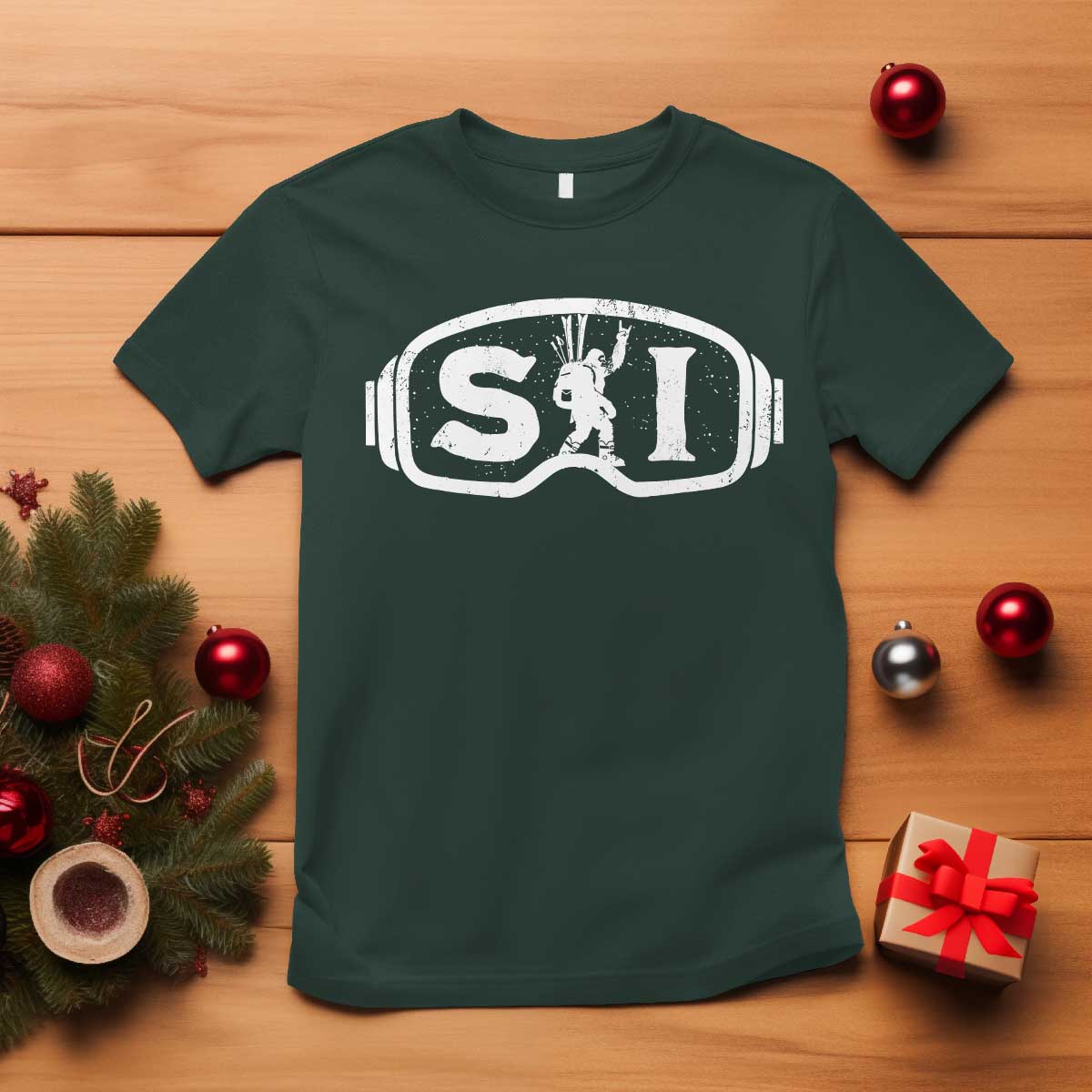 Bigfoot Skiing T Shirt Sasquatch Goggles Skiing Snow Ski Lover Skier TS10 Dark Forest Green Print Your Wear