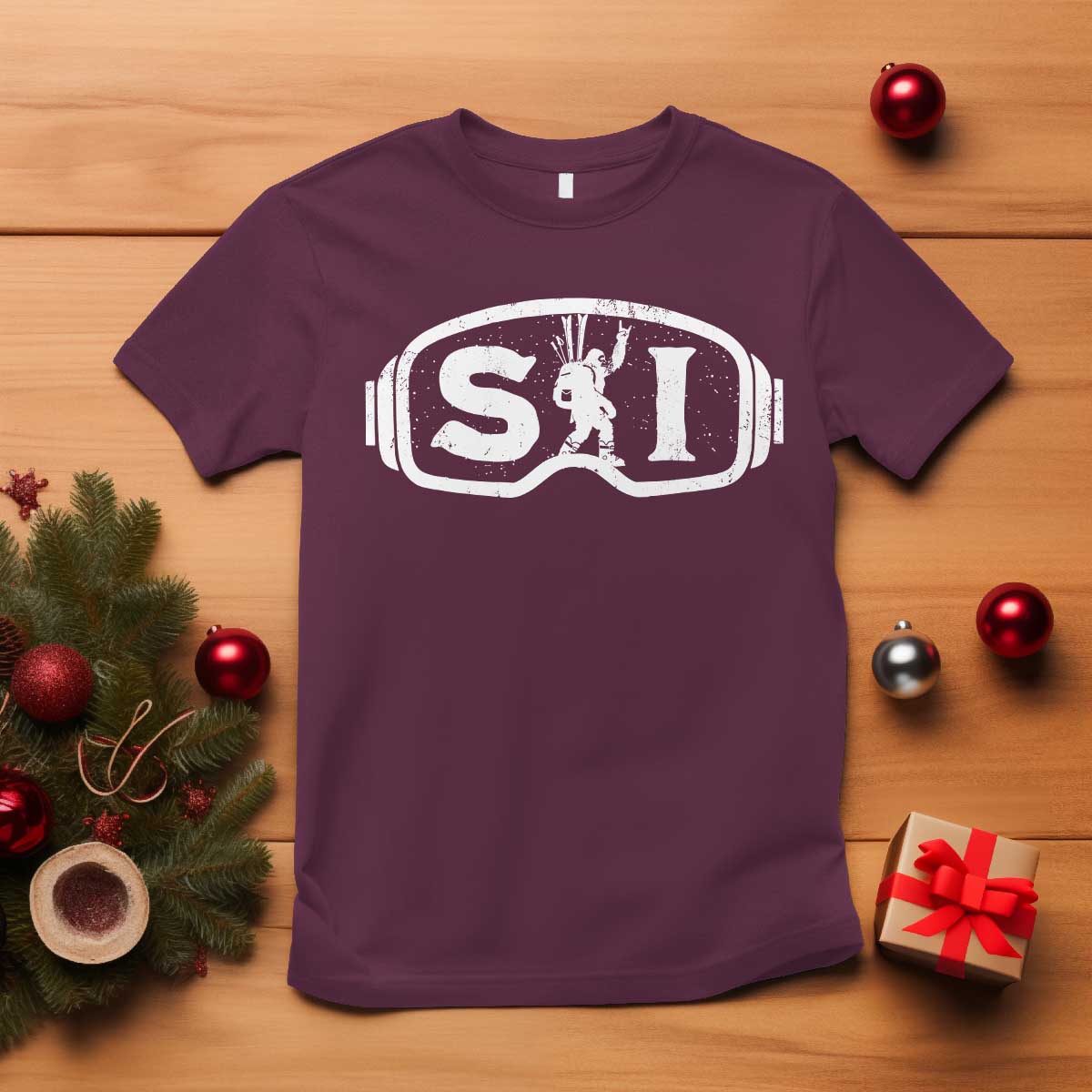 Bigfoot Skiing T Shirt Sasquatch Goggles Skiing Snow Ski Lover Skier TS10 Maroon Print Your Wear