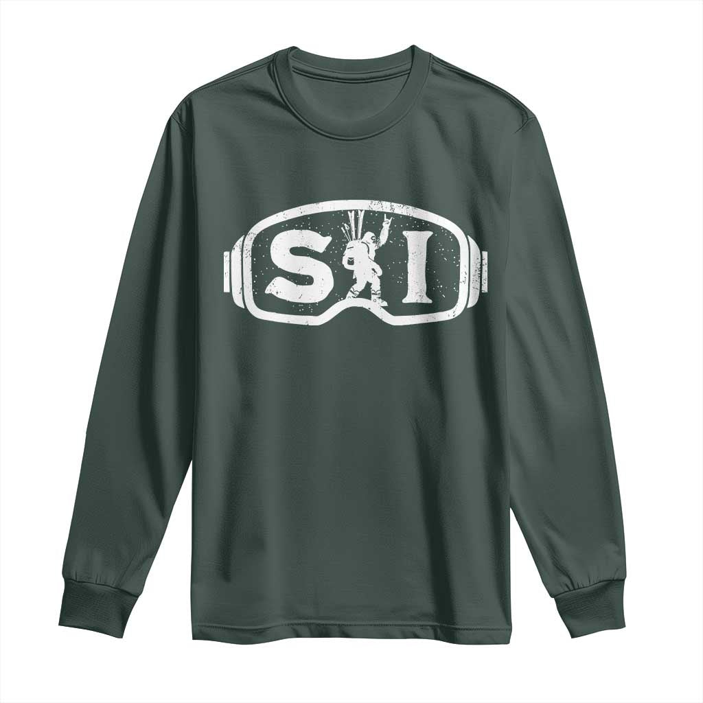 Bigfoot Skiing Long Sleeve Shirt Sasquatch Goggles Skiing Snow Ski Lover Skier TS10 Dark Forest Green Print Your Wear