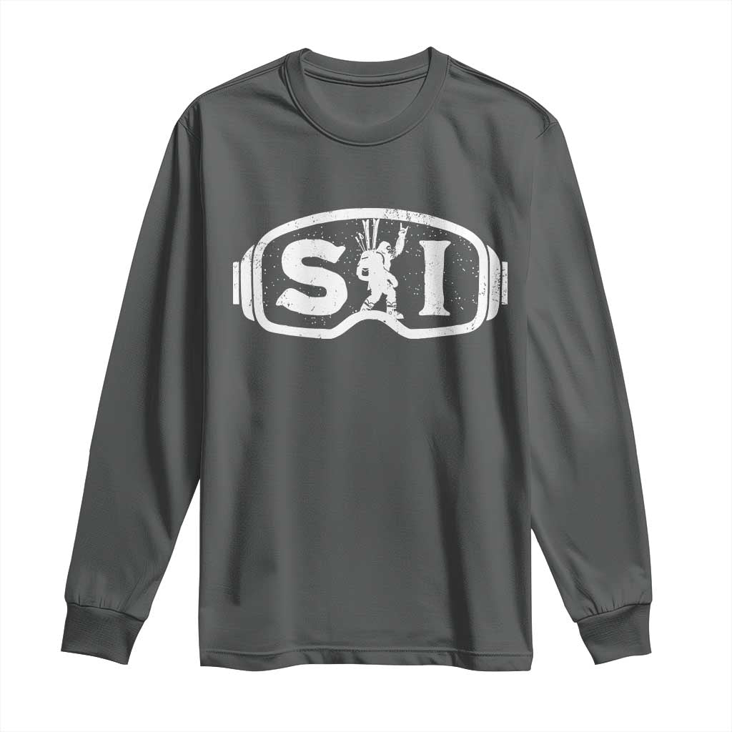 Bigfoot Skiing Long Sleeve Shirt Sasquatch Goggles Skiing Snow Ski Lover Skier TS10 Dark Heather Print Your Wear