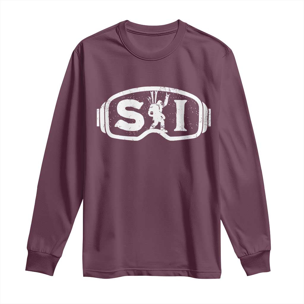 Bigfoot Skiing Long Sleeve Shirt Sasquatch Goggles Skiing Snow Ski Lover Skier TS10 Maroon Print Your Wear
