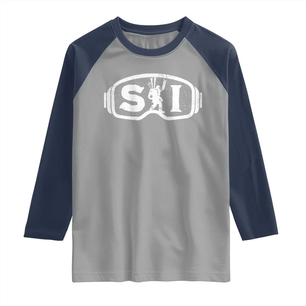 Bigfoot Skiing Raglan Shirt Sasquatch Goggles Skiing Snow Ski Lover Skier TS10 Sport Gray Navy Print Your Wear
