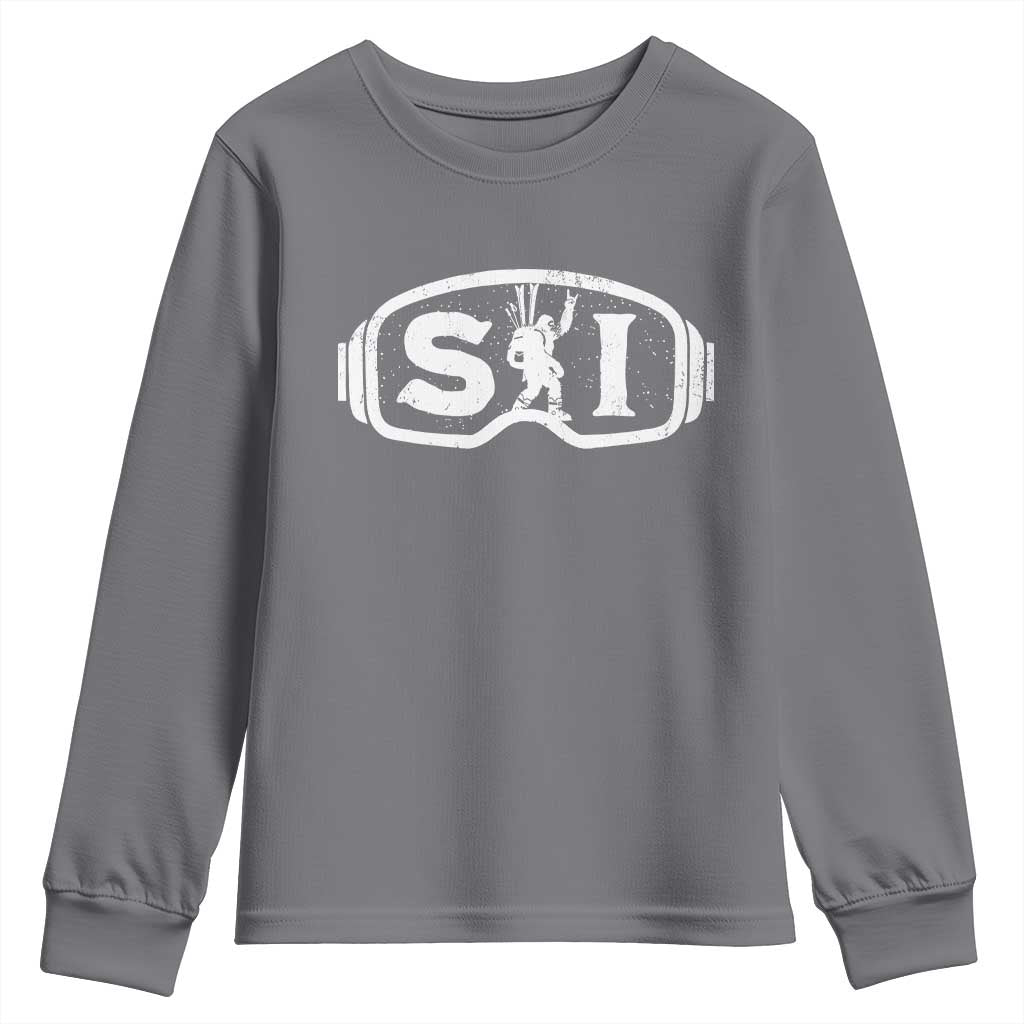 Bigfoot Skiing Youth Sweatshirt Sasquatch Goggles Skiing Snow Ski Lover Skier TS10 Charcoal Print Your Wear