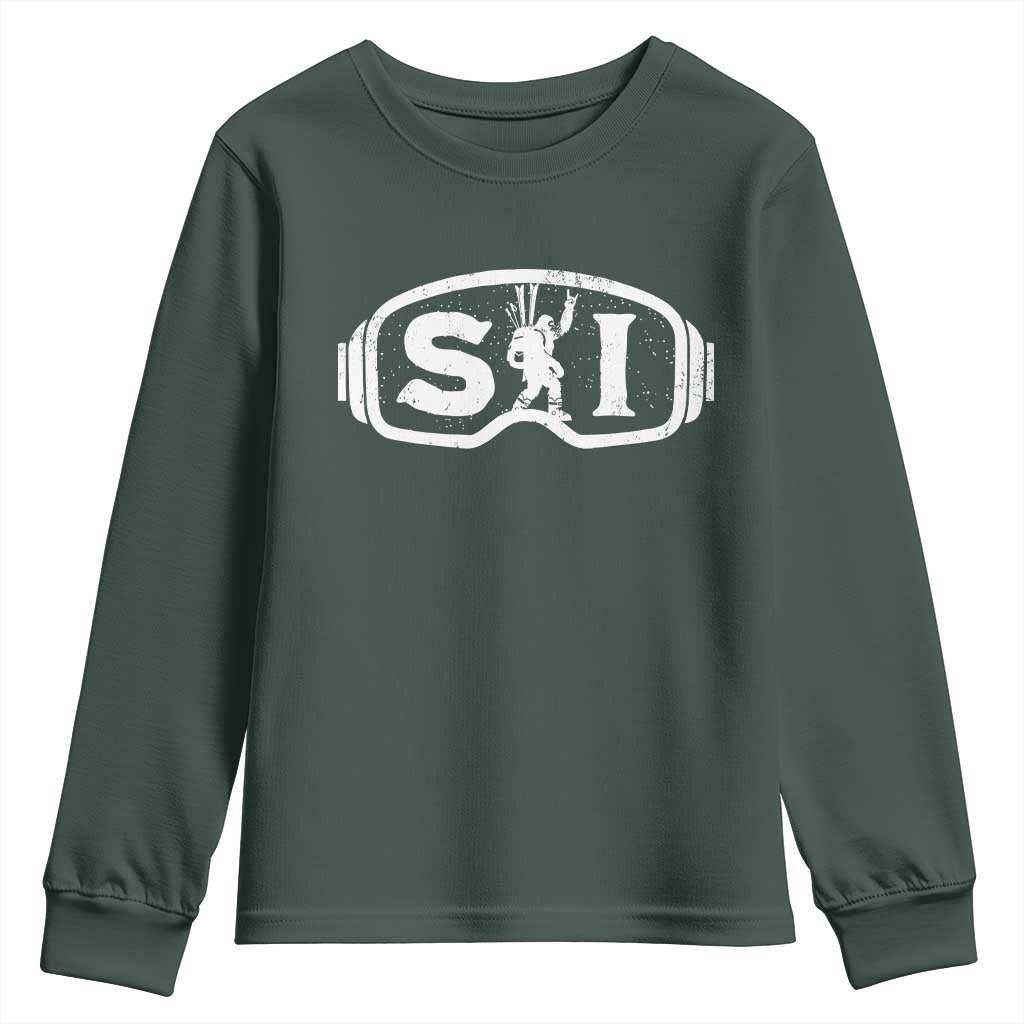 Bigfoot Skiing Youth Sweatshirt Sasquatch Goggles Skiing Snow Ski Lover Skier TS10 Dark Forest Green Print Your Wear