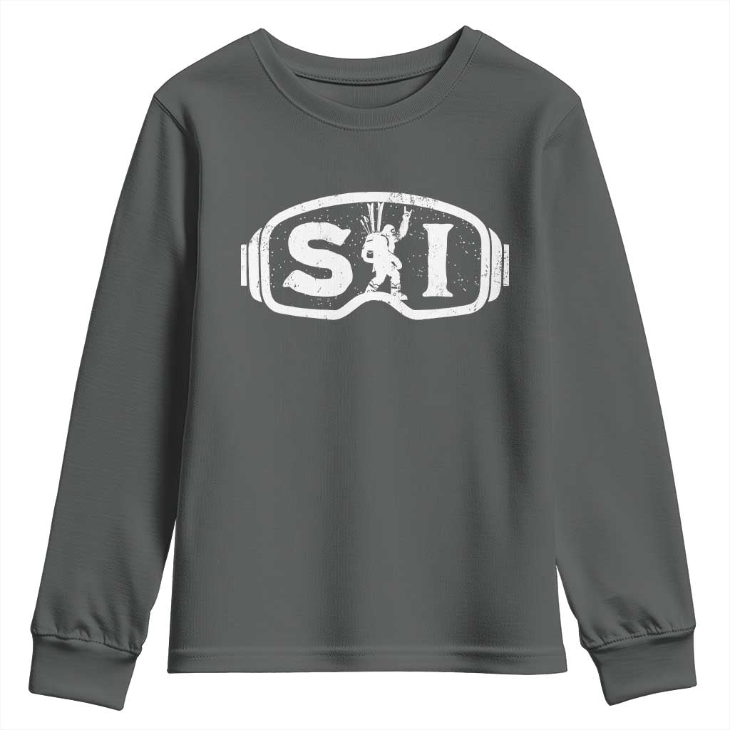 Bigfoot Skiing Youth Sweatshirt Sasquatch Goggles Skiing Snow Ski Lover Skier TS10 Dark Heather Print Your Wear