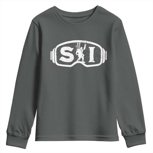 Bigfoot Skiing Youth Sweatshirt Sasquatch Goggles Skiing Snow Ski Lover Skier TS10 Dark Heather Print Your Wear